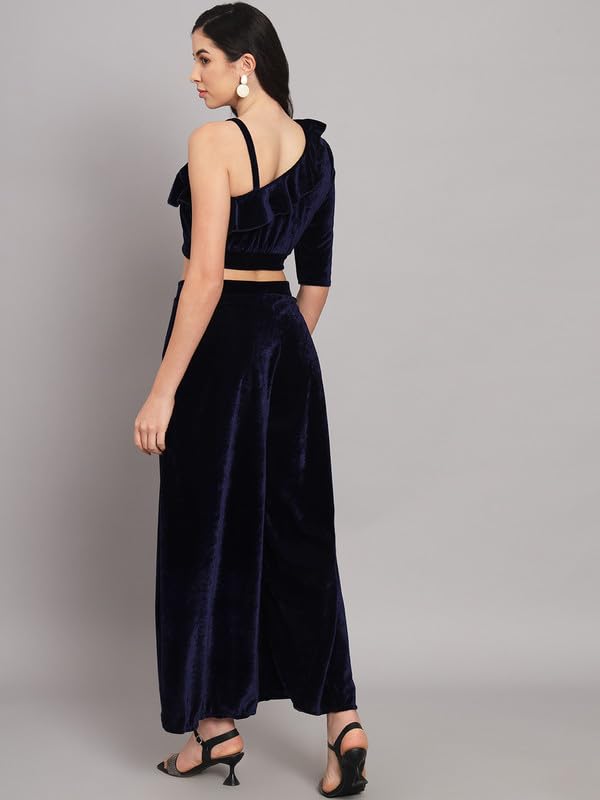Image of Vaararo Velvet Co-Ords for Women | One Sleeve Crop Top with Palazzo Set Casual Party Dress