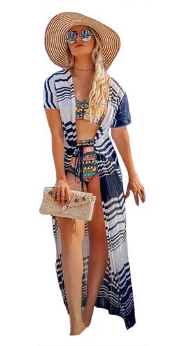 Saida De Praia Longa Kimono Tricot Verão Zig Zag Listrada (Preto com branco)