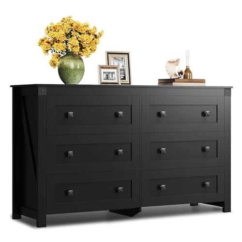 WLIVE Farmhouse Black Dresser for Bedroom, 53.07'' Wide 6 Drawer Wood Dresser, Chest of Drawers with...