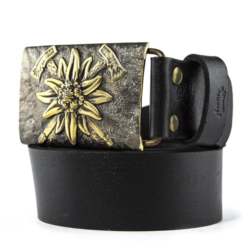 Leather belt with brass buckle Edelweiss, Handmade military Mountainous Infantry solid brass belt buckle with axes and mountain flower on leather belt