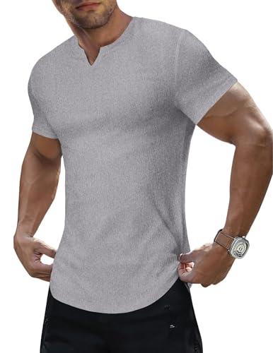 JMIERR Mens Muscle Slim T Shirt Texture V Neck Longline Henley Gym Workout Athletic Tee Shirts