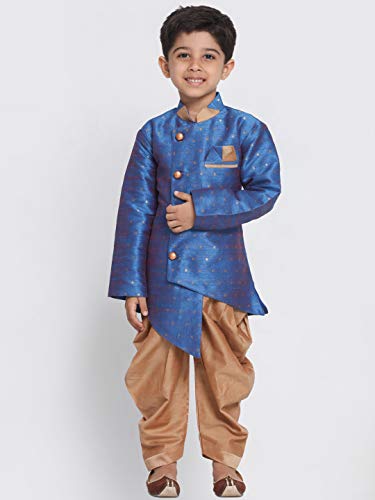 Image of JBN Creation Light Blue Cotton Silk Blend Boys Indo Wstern Style Sherwani Set