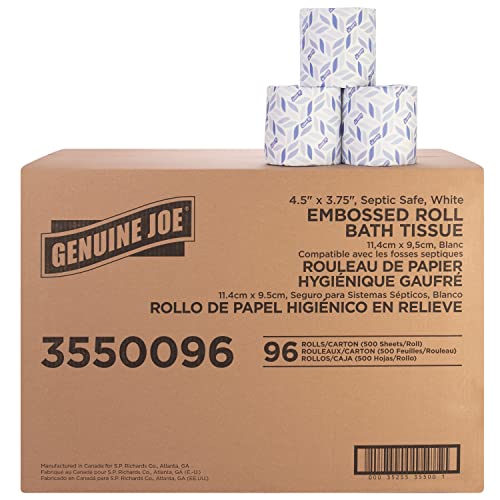 Image of Genuine Joe Embossed Bath Tissue, 2-Ply, Septic Safe, Individually Wrapped, 4.5 inch x 3.75 inch, 500 Sheets /Roll, 96 Count