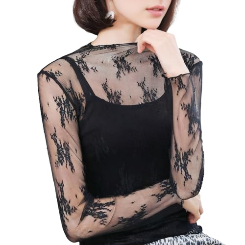 Damen Netzstoff Shirtnetz Oberteil, Transparentes Shirt Bluse Wellensaum Langarm Oberteile T-Shirt Clubwear, Netzgewebe, durchscheinend, Party Festivals Shirts Mesh Oberteil