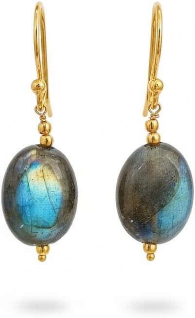 Natural Gemstone Oval Drop Earrings for Women | German Silver Dangle Jewelry | Handmade Beaded Healing Crystal Elegant Gift for Her (Labradorite)