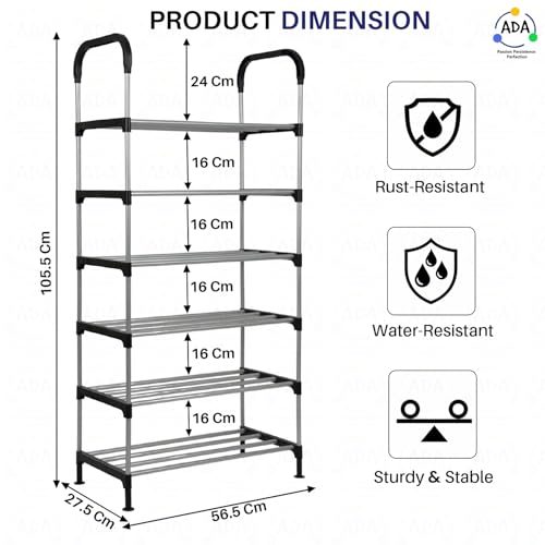 Image of ADA Premium Multipurpose Shoe Rack | 6-Tier Shoe Storage Organizer, Compact Space Saver, Sturdy & Durable Rack for Entryway, Living Room, Bedroom & Closet - Black & Grey