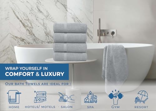 Image of DAN RIVER Bath Towels Set of 4, 27 x 54 Inches, 100% Cotton, Larger & Lighter Weight, Quicker to Dry, Super Soft and Absorbent, Ideal Thick Towels for Daily Use, Silver