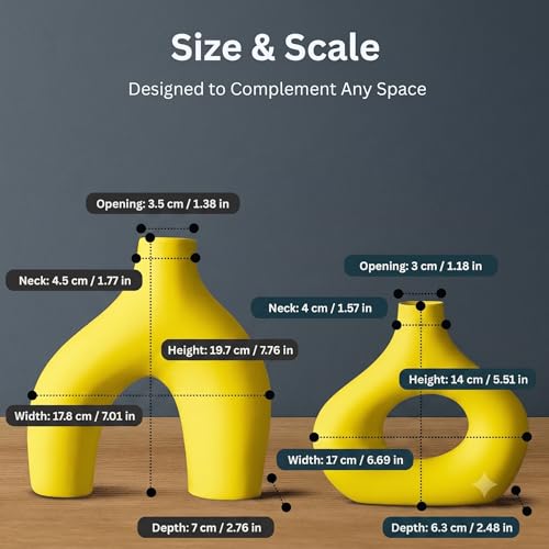 Image of PUREZENTO Abstract Yellow Ceramic Donut Vase 5.4 & 7.7 Inch - Set of 2 | Decorative Unique Modern Vase for Dried Flowers & Pampas Grass | Vases for Modern Home Decor, Living Room, Office Decor Ideas
