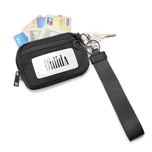 Image of The Iris Wallet Zipper Mini Coin Purse Keychain ID Holder Wallet | Zip Card Case with ID Window Purses for Women Mini Portable Keychain Wallet,Black with Lanyard