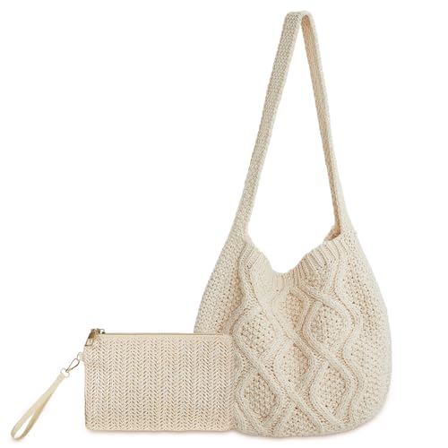 Bolsa de crochê feminina de crochê com carteira de pulso boêmia estética bolsa de ombro para mulheres verão praia, Damasco, about 7.09 x 4.72 inches/ 18 x 12 cm