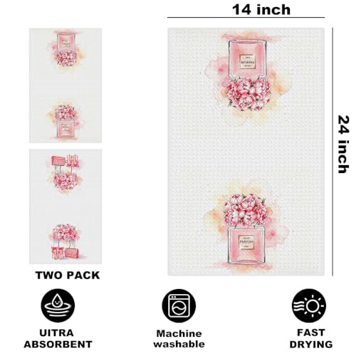 Image of 2 Pcs Pink Hand Towels, Perfume Flower Decor Reusable Dish Towels | Fashion Gifts for Women Girls Mom Friend, Waffle Weave Microfiber Towels for Bathroom Home Decor 24x14 Inch