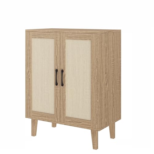 Image of Panana Buffet Cabinet Sideboard with Rattan Decorated Doors Kitchen Storage Cupboard Accent Cabinet (Natural Wood)