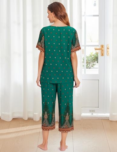Image of Ekouaer Women's Two Piece Lounge Set Short Sleeve Shirt and Capri Pants Mumu Pajama with Pockets Loungewear Pjs Sets S-2XL