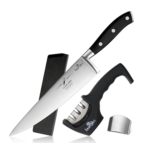 BUESTO Chef Knife - 8 inch Ultra Sharp Japanese Knife - High Carbon Stainless Steel Kitchen Knives - Long Lasting & Full Tang Chef’s Knives with Knife Sharpener, Sheath, Finger Guard - Chef Gifts