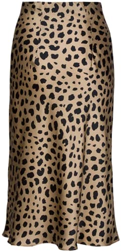 Soowalaoo High Waist Leopard Midi Skirt Hidden Elasticized Waistband Silk Satin Skirts (Leopard, M) #TOP3