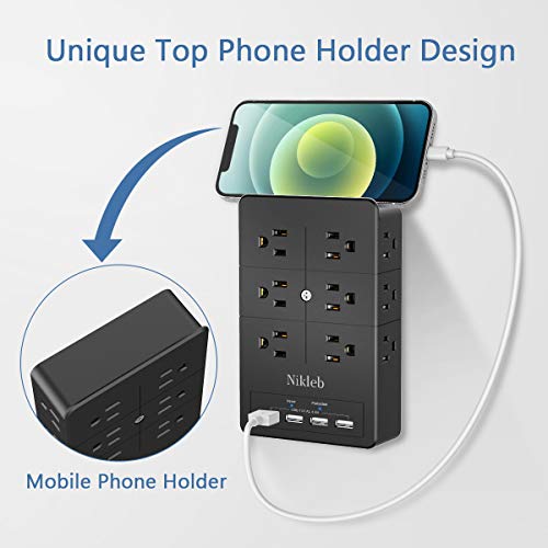 Multiple Plug Outlet Extender Nikleb, Surge Protector 12 Outlets, Plug Extender With 4 Usb Ports Shared 4.8A, Wall Outlet Covers With Phone Holder, Charger Block Low Profile, Usb Plug Space Saved #TOP4