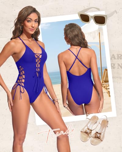 Image of Tempt Me Women Sexy Lace Up One Piece Swimsuit Deep Plunge V Neck High Cut Bathing Suits