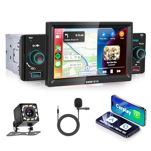 Podofo Carplay Autoradio 1 din con Schermo 5'' Android Auto Mirror Link,Stereo Auto Bluetooth con Navi/SD/USB/Equalizzatore/Controllo al volante + 7 Pulsanti luminosi colorati/Telecamera Posteriore