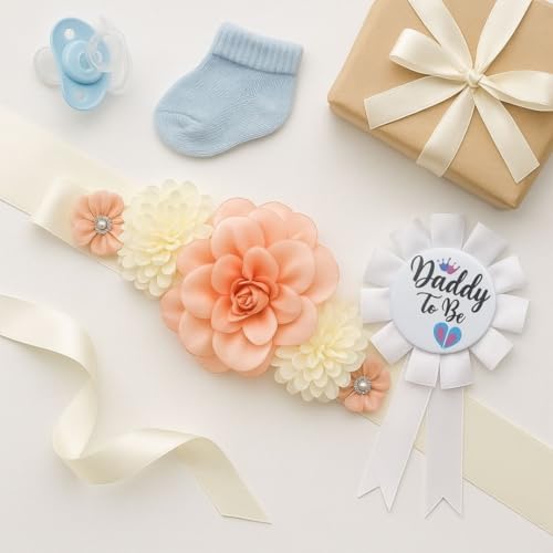 Image of Wanna Party Maternity Sash Floral Waistband and Corsage Set - Floral Belly Band with Dad to Be Pin for Baby Shower Party Decorations and Pregnancy Photoshoot Gift