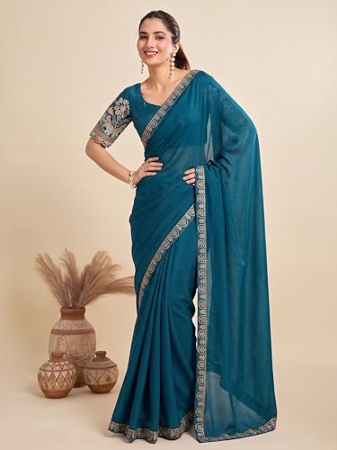 Image of Women's Saree with Heavy Embroidered Blouse & Border, Designer saree for Women