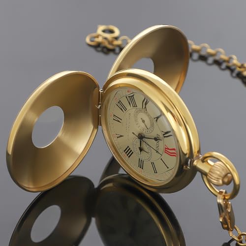 Image of Copper Pocket Watch Steampunk Mechanical London Hand Wind Mens Watches with Chains & Boxs