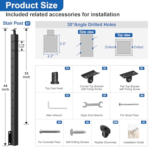 Image of 36 inch Right Side Mount Stair Cable Railing Post for 25-35 Degrees Stair, Stainless Steel Single Black Coated Fascia Mount Post for Cable Railing Kit, Indoor Outdoor Use, MY09-S