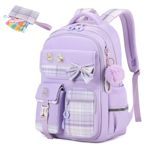 MOONBABY Mochila infantil Kawaii para meninas, mochilas escolares para estudantes do ensino médio - bolsa de livros para escola, Roxa, One Size, Leve