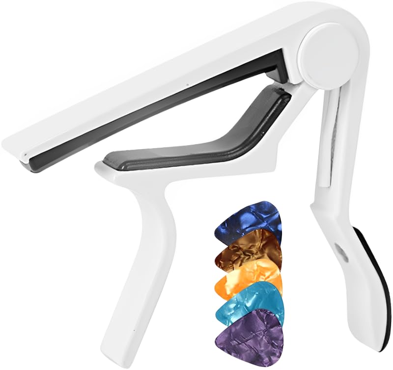Guitar Capo with 5 Picks - Quick Release Capotastos Capo Clamp for Classical, Electric, Ukulele, Bass, White