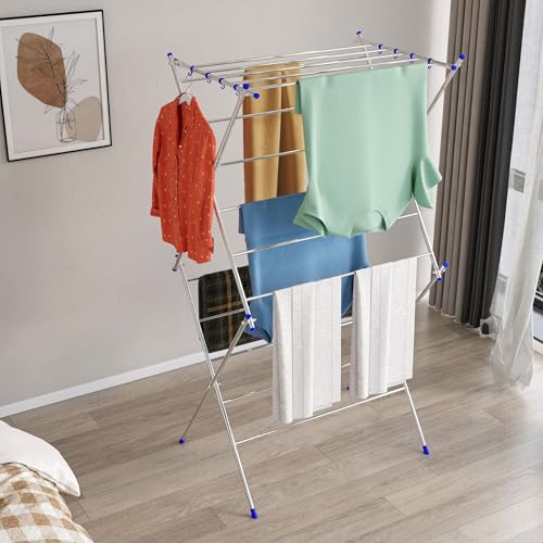 Image of Foldable Clothes Drying Stand | 3 Layer 16 Rod Stainless Steel Laundry Rack with 8 Hooks | Heavy Duty Indoor & Outdoor Cloth Dryer for Balcony, Home & Laundry Room - Blue