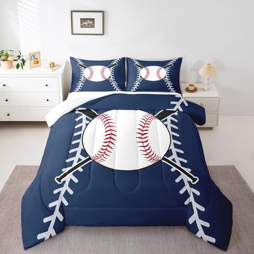 Image of Feelyou Softball Comforter Set King Size Kids Baseball Comforter for Boys Girls Teens Baseball Gaming Bedding Set Sports Theme Navy Blue Quilt Set