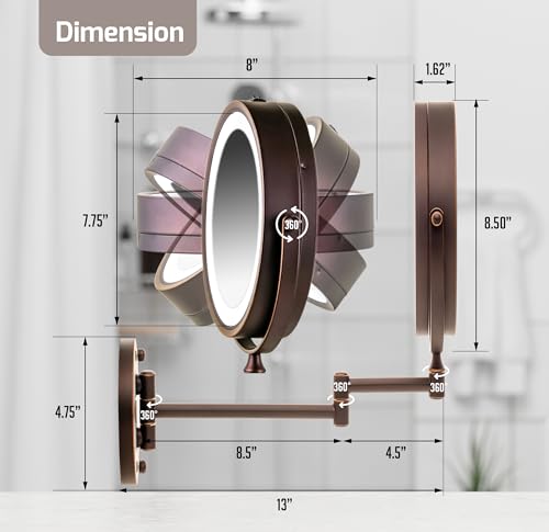 Image of OVENTE 7 inch Wall Mounted Lighted Makeup Mirror, Antique Bronze MFW70ABZ1X10X | Cordless Double Sided 1X /10X Magnifying Mirror for Bathroom with LED Lights, 360 Rotation, Extendable Arm, Battery Operated