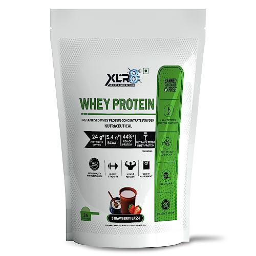 Image of XLR8 Whey Protein Powder with 24 g Protein Content & 5.4 g BCAA (907 g (Pack of 1), Strawberry Lassi)