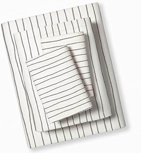 MakeMake Organics Organic Sheet Set (4 Piece) GOTS Certified Organic Cotton Sheets Dreamy Soft Non Toxic Fitted, Flat Sheet Pillowcases Toddlers Boys Girls Unisex (Twin, Gray Stripes)