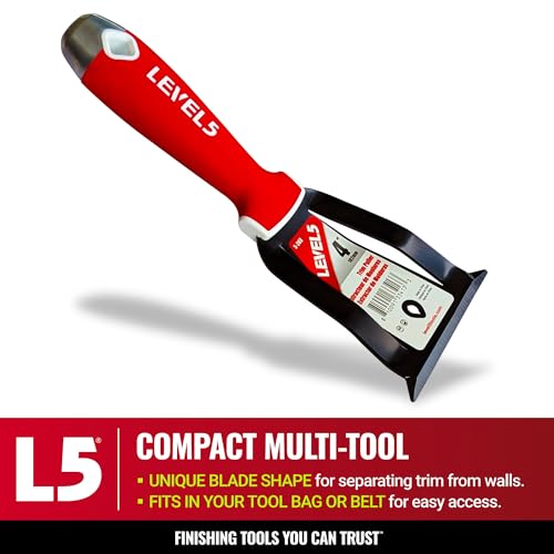 Image of LEVEL5 4 inch Trim Puller & Multi-Tool | Baseboard and Trim Removal, Caulk Removal, Scraping, Pulling Brad Nails | Metal Hammer End & Soft-Grip Handle | 5-203