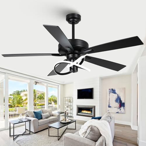 Image of 52 Inch Ceiling Fans with Lights and Remote - Creative Black Modern Ceiling Fan, 3CCT, 6 Speeds, Quiet, Dual-Sided Reversible 5 Blades Indoor Outdoor Chandelier Fan for Bedroom Living Room