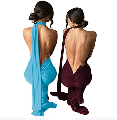 Suillty Women's Sexy Oblique Shoulder Backless Maxi Dress Ruched Back Strap Sleeveless Party Club Long Dresses Bodycon4