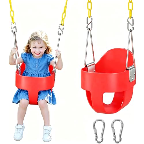 Image of DECORLIFE Toddler Swing - High Back Full Bucket Seat for Ages 1-3, 330lb Capacity, Baby Infant Swing Outdoor with Safety Design, Plastic-Coated Chains, Carabiners for Backyard, Garden-Red