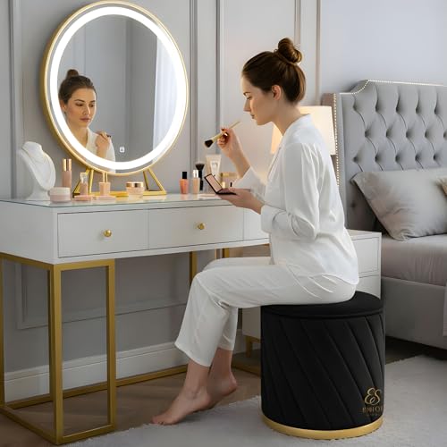 Image of Luxury Round Velvet Ottoman Stool with Gold Base - Modern Upholstered Footrest Pouffe, Tufted Vanity Seat, Living Room Bedroom Dressing Stool (Black)