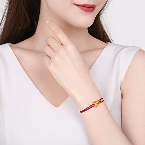 24K Solid Gold Bracelet for Women, Real Pure Gold Circle Jewelry Dainty Double Ring Jewelry Adjustable Red Braided Bracelet for Men Lover ADBZ1757184