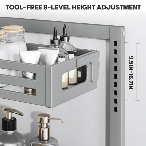 Image of 2 Pack Under Sink Organizer,Pull Out Cabinet Organizer With Smooth Cylindrical Rail,Metal Slide Out Drawer for Kitchen Bathroom Laundry Cabinet,8-Level Tool Free Height Adjustable-Gun Gray