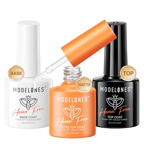 Image of modelones Hema-Free Gel Top and Base Coat Set, 3 Pcs Clear Glossy Velvet Matte Base Top Coat No Wipe Matte Top Coat for Summer nail Polish Soak Off Nail Lamp Nail Art Home Salon Manicure