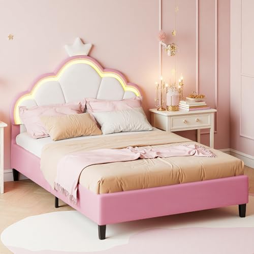 Zorvani Cama tapizada individual 90 x 200 cm, cama para niñas con iluminación LED y cabecero ajustable en altura, cama juvenil princesa, estructura de cama con somier, terciopelo