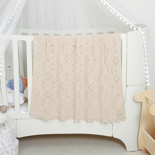 Image of mimixiong Baby Swaddle Blanket 100% Cotton Gender Neutral Pointelle Receiving Blanket for Boys Girls Cuddle Stroller Crib Blanket (Oatmeal)