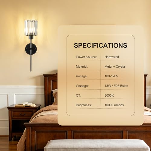 Image of KARTOOSH Hardwired Crystal Wall Sconces Set of 2 | 20.1 Inch Black Wall Lights Dimmable 3000K Warm White Wall Lamps for Hallway, Bathroom, Living Room, Bedroom