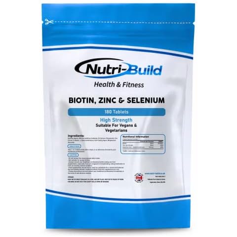 NUTRI-BUILD Biotin Hair Growth Formula - 180 Biotin Tablets 10,000mcg with Zinc and Selenium - Hair Vitamins for Women and Men - Selenium Supplements for Nails, Skin and Hair Growth - Vegan Cover