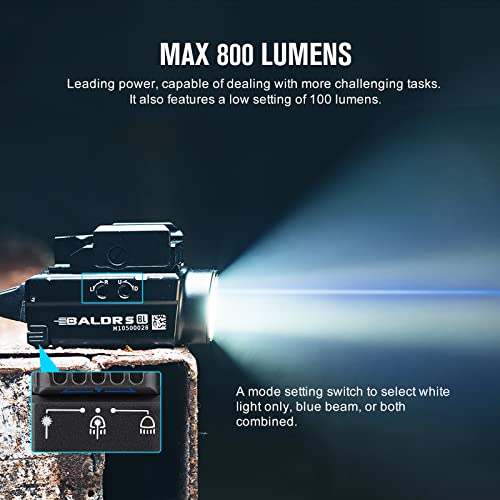 Image of OLIGHT Baldr S Blue Beam 800 Lumens Magnetic USB Rechargeable Tactical Flashlight with White LED Combo, Compact Rail Mounted Light with 1913 or GL Rail, Battery Included (Black)