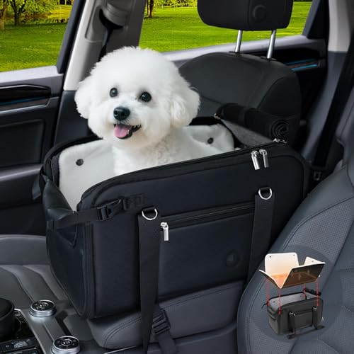 YUDODO 18lbs Dog Car Seat (Width >9in) for Small Dog Large Center Console with Removable Velvet Cushion Luxury Puppy Cat Travel Portable Booster Seat Anti-Slip Pet Car Bed Carseat PU Leather Black