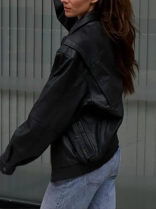 Women’s Fashion 90'S Ultra Vintage Oversized Classic Style Genuine Leather Bomber Jacket4