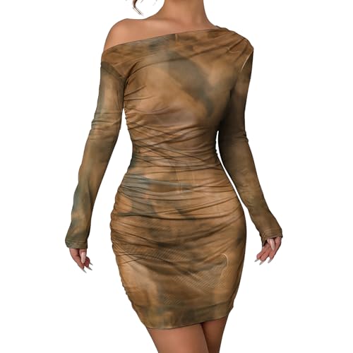 Image of Women's Long Sleeve Bodycon Mini Dress Tie Dye Print Slim Fit Asymmetrical Neck Elegant Formal Ruched Short Dresses
