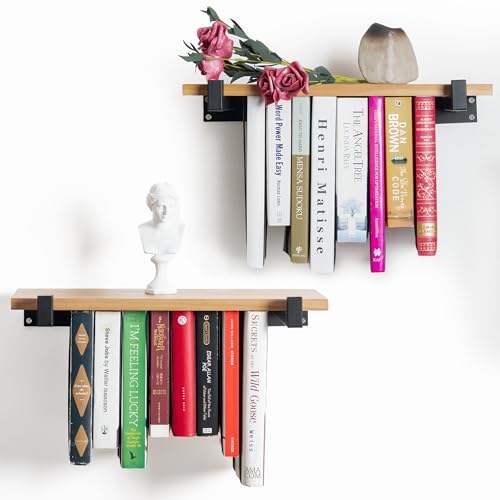 Image of VEBAVO Floating Bookshelves Set of 2 - Double Storage Unique Wall Bookshelf - Natural Wood & Metal Brackets Bookshelf Wall Mount, Innovative Space-Saving Solution Hanging Bookshelf (16.5W x 6.7D)